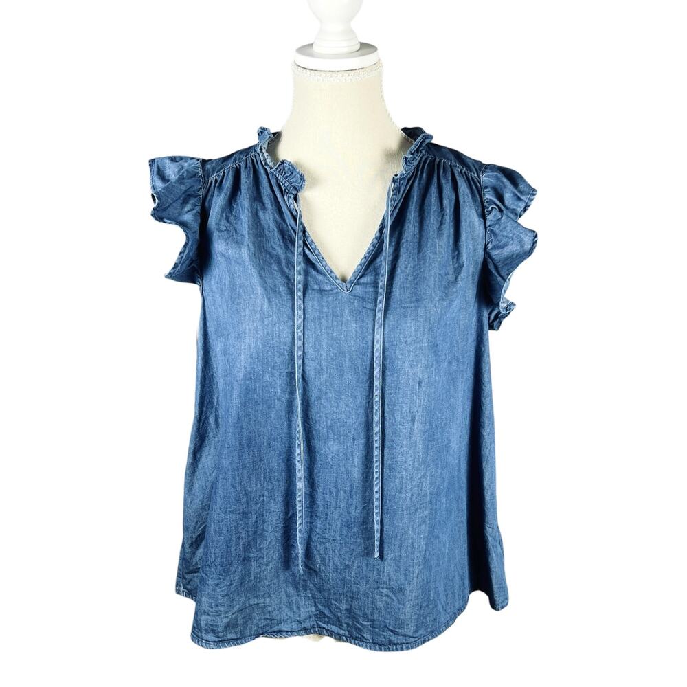 Chambray Flutter Sleeve Peasant Top Tassel Tie Boho Coastal XS
